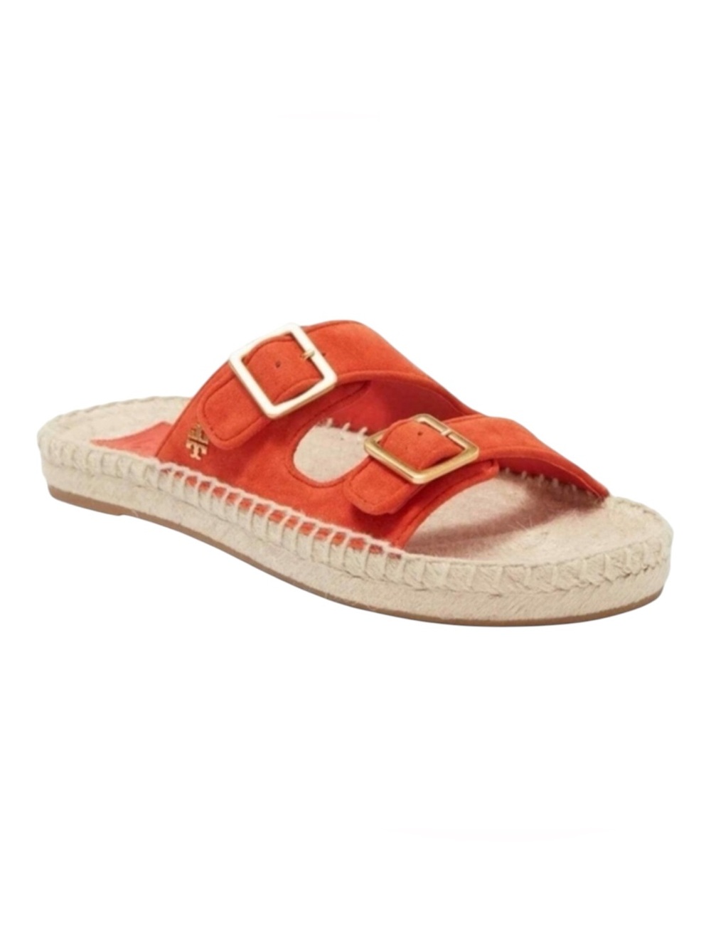 Tory Burch Orange Suede Double-Buckle Espadrille Slide Sandal